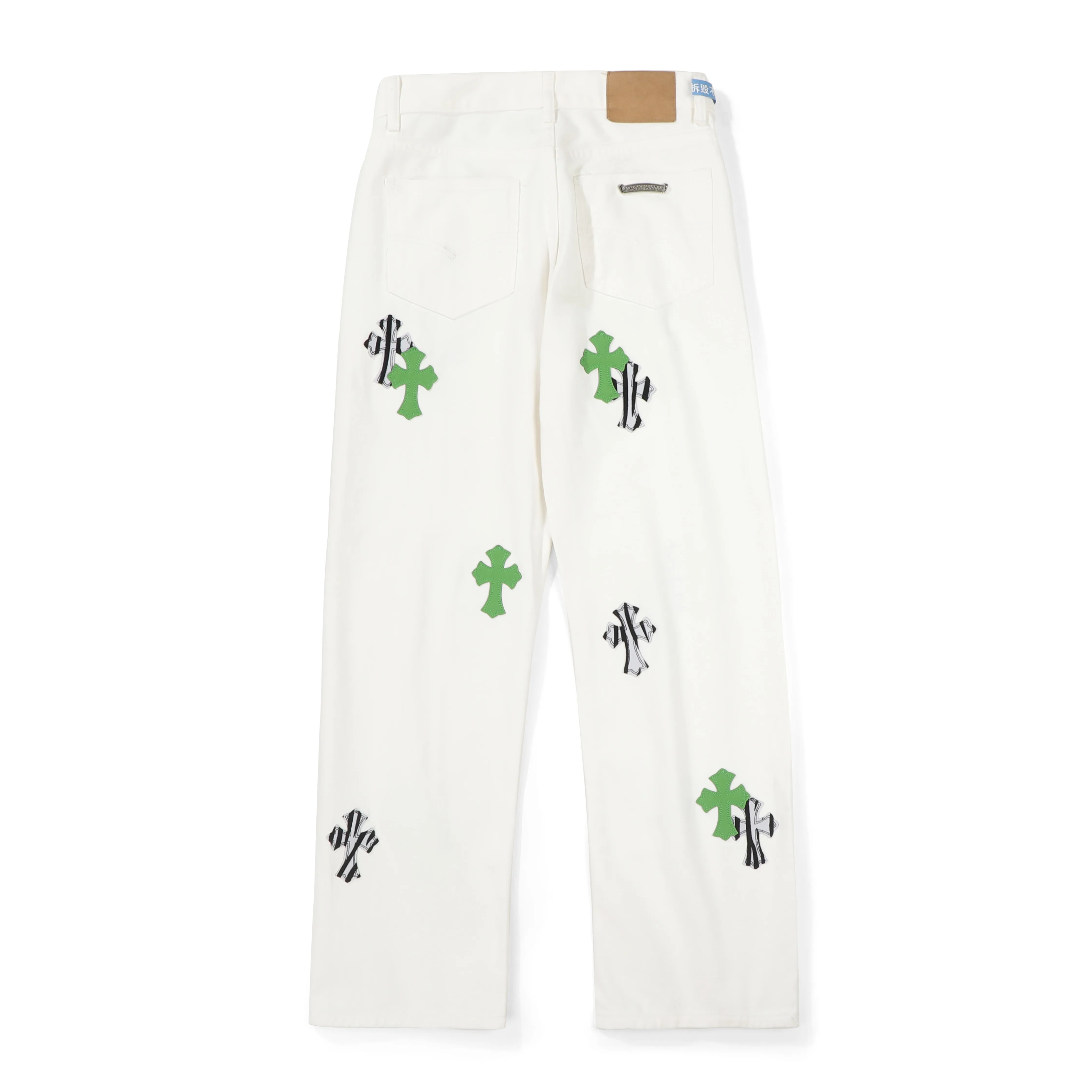 P230 💰 (Top version) Chrome Hearts/Chrome Hearts Classic white and green series colored leather cross washed color cloth unisex denim trousers Vibe style straight stacked god-level version Carbon fine bias denim color cloth Old vintage complete set of hardware - Chrome Hearts white cow series The high version uses high-ounce customized fabrics, fermentation washing and soft color fixation, soft and thick to wear. The details are all produced by hand-polished craftsmanship. All-over printed jacquard fabric Unique design style. Through multiple processes to create a full retro feel. Unique niche non-contrast shirt. Customized distressed spray-painted buttons. Craftsmanship in every detail. Color: white and green. Size: 28-30-32-34 (corresponding to S-M-L-XL)